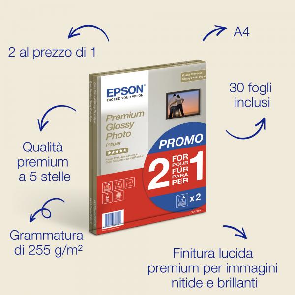 Epson Carta fotografica lucida Premium A4, 255 g/m2, 30 fogli (PREMIUM GLOSSY PHOTO A4 15 BOGOF)EpsonC13S042169