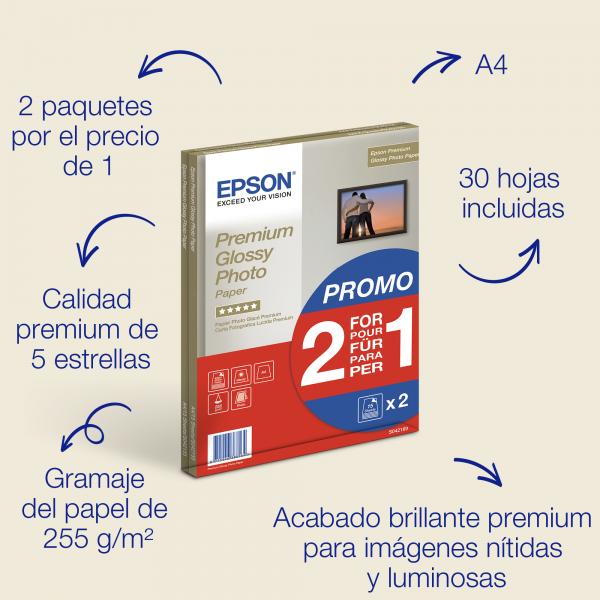 Epson Carta fotografica lucida Premium A4, 255 g/m2, 30 fogli (PREMIUM GLOSSY PHOTO A4 15 BOGOF)EpsonC13S042169