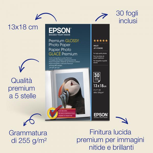 Epson Carta fotografica lucida Premium [130 x 180 mm], 255 g/m2, 30 fogli (PREMIUM GLOSSY PHOTO PAPER13X18 - 30 SHEETS)EpsonC13S042154