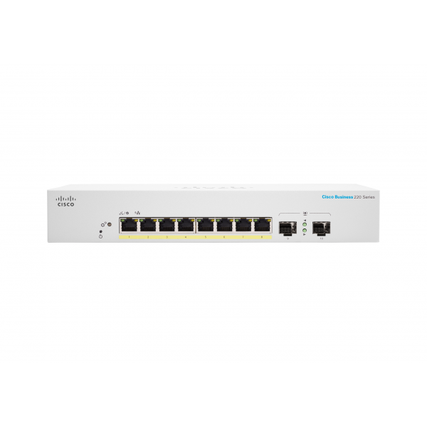 Cisco Business 220 Series Smart Switches Gestito L2 Gigabit Ethernet [10/100/1000] Supporto Power over Ethernet [PoE] Bianco (Cisco Business 220 Series CBS220-8P-E-2G - Switch - smart - 8 x 10/100/1000 [PoE+] + 2 x Gigabit SFP [uplink] - rack-mountab...