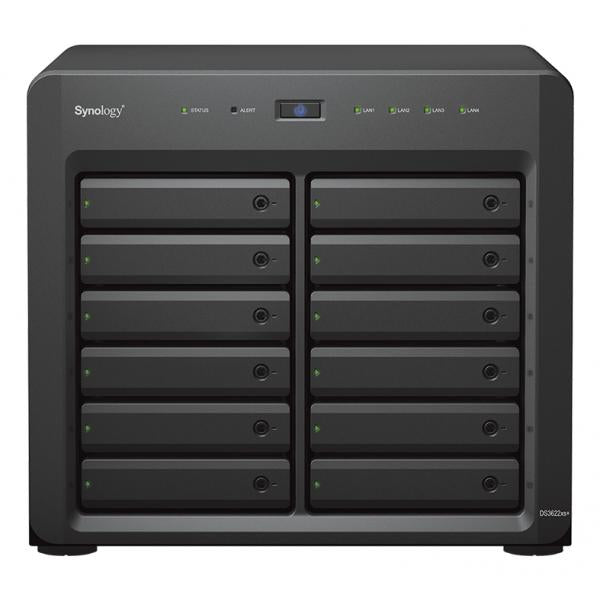 Synology DiskStation DS3622xs+ NAS Tower Intel Xeon D D-1531 16 GB DDR4 0 TB DiskStation Manager Nero (Synology DiskStation DS3622xs+; 12 bay desktop; Intel Xeon D-1531 6-core [12-thread] 2.2 GHz; turbo boost up to 2.7 GHz; 16 GB DDR4 ECC SODIMM [exp...