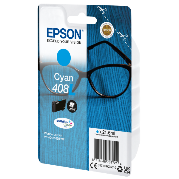 Epson Singlepack Cyan 408L DURABrite Ultra Ink (OEM Epson DURABrite Ultra 408L High Capacity Cyan Ink Cartridge C13T09K24010)EpsonC13T09K24010