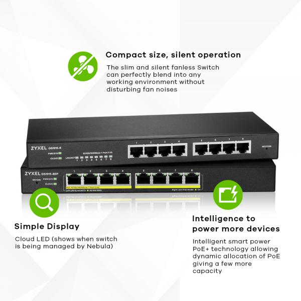 Zyxel GS1915-8EP Gestito L2 Gigabit Ethernet [10/100/1000] Supporto Power over Ethernet [PoE] Nero (GS1915-8EP - 8-PORT GBE POE+)Zyxel4718937621934GS1915-8EP-EU0101F