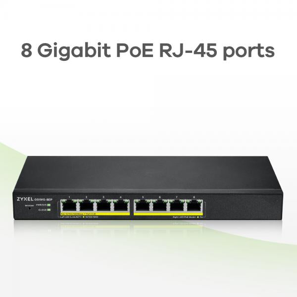 Zyxel GS1915-8EP Gestito L2 Gigabit Ethernet [10/100/1000] Supporto Power over Ethernet [PoE] Nero (Zyxel GS1915 Series GS1915-8EP - Switch - smart - 8 x 10/100/1000 [PoE+] - desktop, wall-mountable - PoE+ [60 W])Zyxel4718937621941GS1915-8EP-GB0101F
