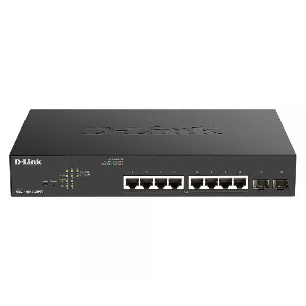 D-Link DGS-1100-10MPV2 Gestito L2 Gigabit Ethernet [10/100/1000] Supporto Power over Ethernet [PoE] 1U Nero (D-Link Switch DGS-1100-10MPV2/E 8xGBit/2xSFP 19 Managed PoE+ [130W] Ohne UK Stecker)D-linkDGS-1100-10MPV2/E