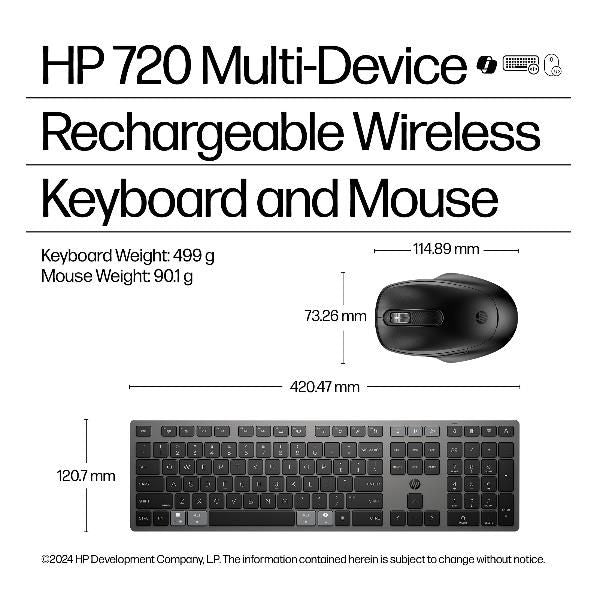 HP Combinazione di tastiera e mouse wireless ricaricabili multidispositivo 720 (720 Multi Rchrgbl WLS KB MS - Warranty: 3M)Hp9T5A9AA#ABZ