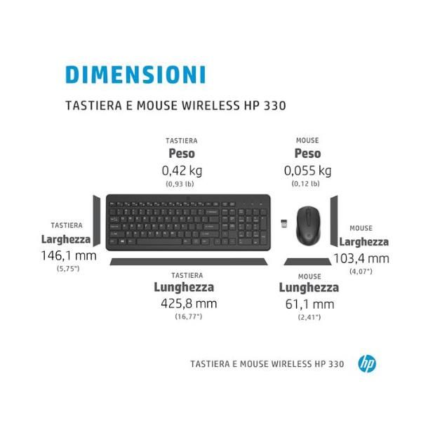 HP Combo mouse e tastiera wireless 330 (330 Wls Mse and KB Combo IT - Warranty: 3M)Hp2V9E6AA#ABZ