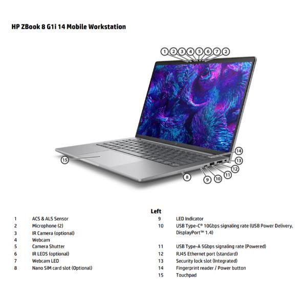 HP ZBook 8 G1ak 14 inch Mobile Workstation PC Wolf Pro Security Edition Copilot+ PC AMD Ryzen AI 7 PRO PRO 350 35,6 cm [14] WUXGA 32 GB DDR5-SDRAM 1 TB SSD Wi-Fi 7 [802.11be] Windows 11 Pro AI Workstation, AI PC Argento (HP ZBook 8 G1ak Mobile Workst...