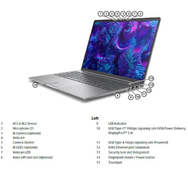 HP ZBook 8 G1i 16 inch Mobile Workstation PC Wolf Pro Security Edition Intel Core Ultra 7 255H 40,6 cm [16] WUXGA 16 GB DDR5-SDRAM 512 GB SSD NVIDIA RTX 500 Ada Wi-Fi 7 [802.11be] Windows 11 Pro AI Workstation, AI PC Argento (HP ZBook 8 G1i Mobile Wo...