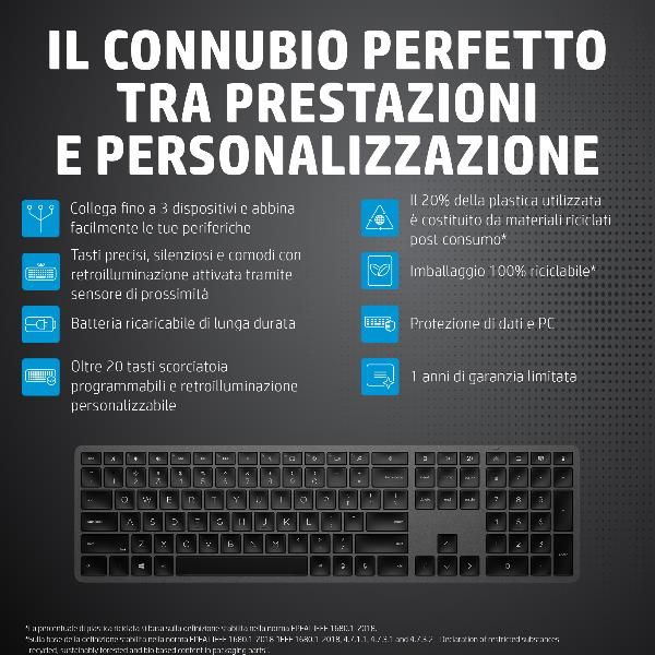 HP Tastiera wireless 975 Dual-Mode (HP Dual Mode 975 - Tastiera - retroilluminato - senza fili - Bluetooth - italiana)Hp3Z726AA#ABZ