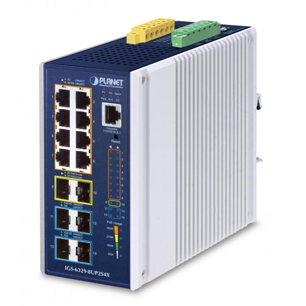 PLANET Industrial L3 8-Port Gestito Gigabit Ethernet [10/100/1000] Supporto Power over Ethernet [PoE] Alluminio, Blu (Industrial L3 8-Port - 10/100/1000T 802.3bt PoE + - 2-Port 1G/2.5G SFP + 4-Port 10G SFP+ Managed Ethernet Switch - Warranty: 24M)