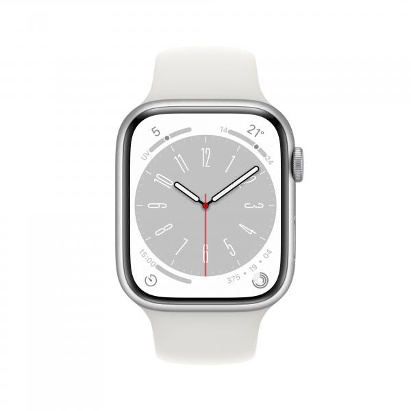 Apple Watch Series 8 GPS 45mm Cassa in Alluminio color Argento con Cinturino Sport Band Bianco - Regular (Apple Watch Series 8 [GPS] - 45 mm - alluminio argento - smartwatch con fascia sportiva - fluoroelastomero - bianco - dimensione della fascia: N...