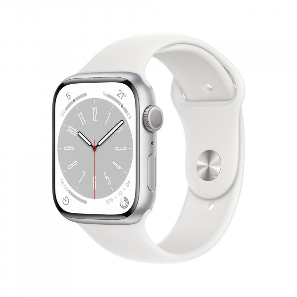 Apple Watch Series 8 GPS 45mm Cassa in Alluminio color Argento con Cinturino Sport Band Bianco - Regular (Apple Watch Series 8 [GPS] - 45 mm - alluminio argento - smartwatch con fascia sportiva - fluoroelastomero - bianco - dimensione della fascia: N...