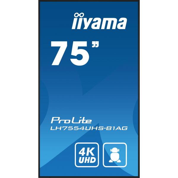 iiyama LH7554UHS-B1AG visualizzatore di messaggi Pannello piatto per segnaletica digitale 190,5 cm [75] LCD Wi-Fi 500 cd/m 4K Ultra HD Nero Processore integrato Android 11 24/7 (LH7554UHS-B1AG 75IN IPS - 3840X2160 500CD/QM ANDROID 11 OS)