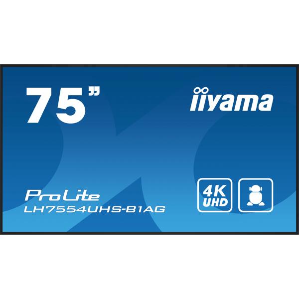 iiyama LH7554UHS-B1AG visualizzatore di messaggi Pannello piatto per segnaletica digitale 190,5 cm [75] LCD Wi-Fi 500 cd/m 4K Ultra HD Nero Processore integrato Android 11 24/7 (LH7554UHS-B1AG 75IN IPS - 3840X2160 500CD/QM ANDROID 11 OS)