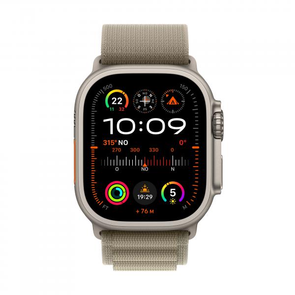 Apple Watch Ultra 2 GPS + Cellular, Cassa 49m in Titanio con Olive Alpine Loop - Small (Apple Watch Ultra 2 - 49 mm - titanio - smartwatch con Alpine Loop - tessile - oliva - dimensione della fascia: S - 64 GB - Wi-Fi, LTE, UWB, Bluetooth - 4G - 61.4 g)