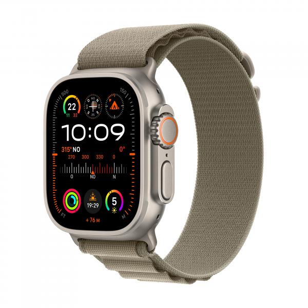 Apple Watch Ultra 2 GPS + Cellular, Cassa 49m in Titanio con Olive Alpine Loop - Small (Apple Watch Ultra 2 - 49 mm - titanio - smartwatch con Alpine Loop - tessile - oliva - dimensione della fascia: S - 64 GB - Wi-Fi, LTE, UWB, Bluetooth - 4G - 61.4 g)