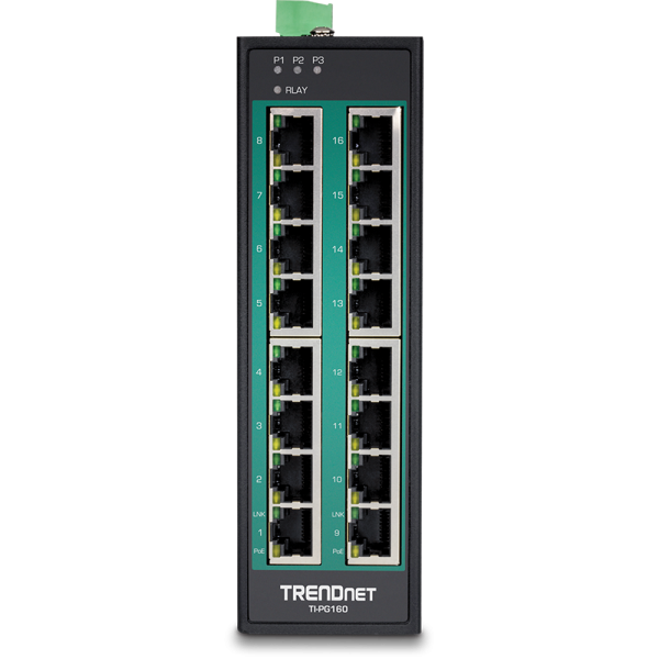 Trendnet TI-PG160 switch di rete Non gestito Gigabit Ethernet [10/100/1000] Supporto Power over Ethernet [PoE] Nero (16-Port Hardened Industrial - Gigabit PoE+ DIN-Rail Switch - gabit PoE+ DIN-Rail Switch - Warranty: 12M)