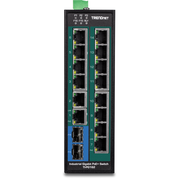 Trendnet TI-PG162 switch di rete Non gestito Gigabit Ethernet [10/100/1000] Supporto Power over Ethernet [PoE] Nero (16-Port Hardened Industrial - Gigabit PoE + DIN-Rail Switch - Hardened Industrial DIN-Rail - Warranty: 36M)