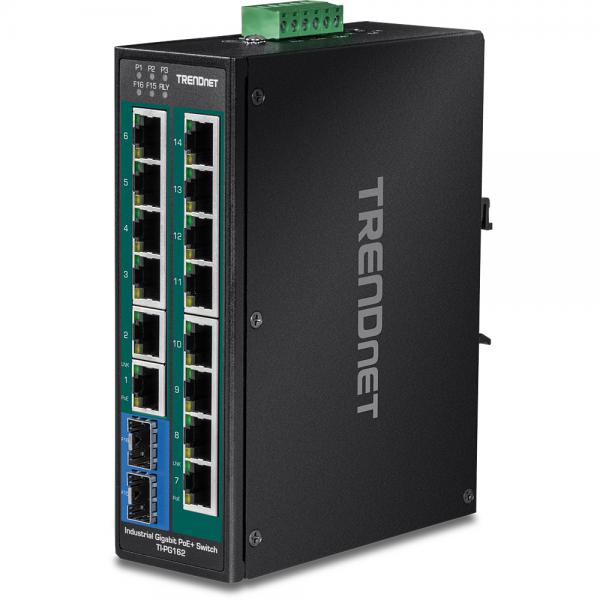 Trendnet TI-PG162 switch di rete Non gestito Gigabit Ethernet [10/100/1000] Supporto Power over Ethernet [PoE] Nero (16-Port Hardened Industrial - Gigabit PoE + DIN-Rail Switch - Hardened Industrial DIN-Rail - Warranty: 36M)