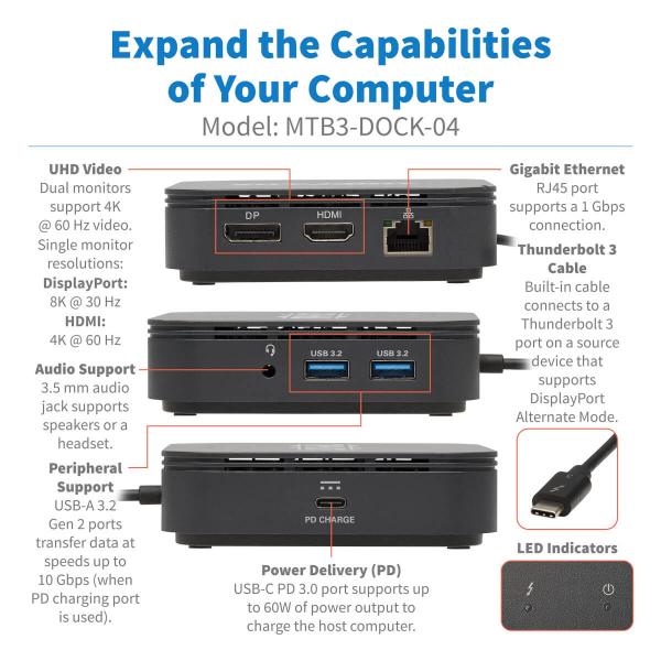 Tripp Lite MTB3-DOCK-04 replicatore di porte e docking station per laptop Cablato Thunderbolt 3 Nero (Thndrblt 3 Dock Dual Dsply 8K DP 4K HDMI)