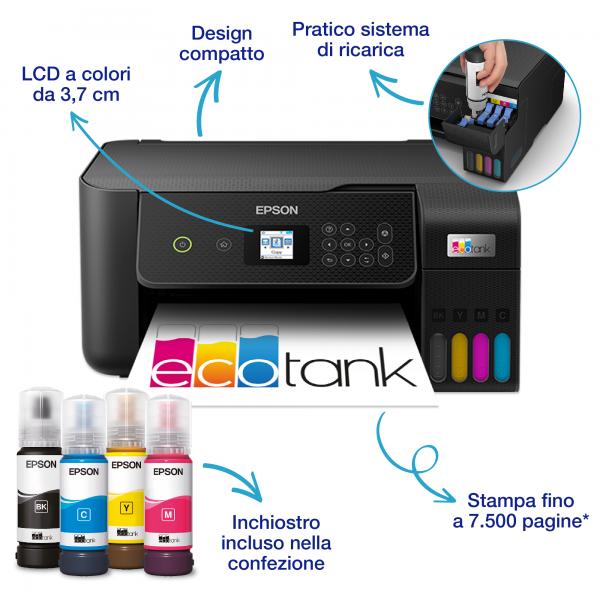 Epson EcoTank ET-2820 stampante multifunzione inkjet 3-in-1 A4, serbatoi ricaricabili alta capacit, 4 flaconi inclusi pari a 3600pag B/N 6500pag colore, Wi-FI Direct, USB (ECOTANK ET-2820 INKJET PRINTERS - CONSUMER/INK TANK SYSTEM A4 [21.)