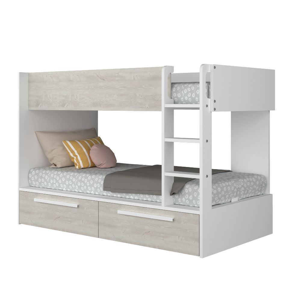 Cameretta con letto a castello con cassettoni colore bianco consumato e bianco reversibile